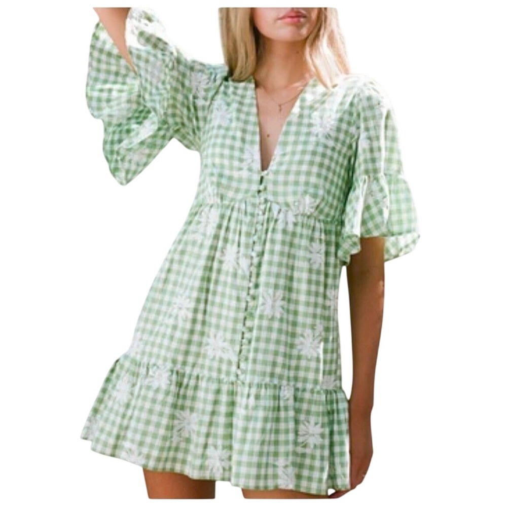 Gingham Daisy Babydoll Dress Womens Med Mini Green Sabo Twyla Cottage Coquette